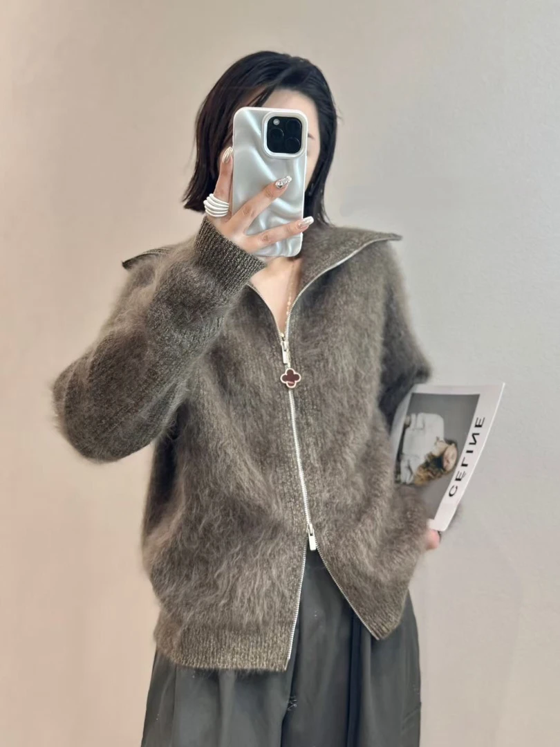 山羊绒拉绒秋冬新款休闲百搭洋气翻领双拉链开衫2510