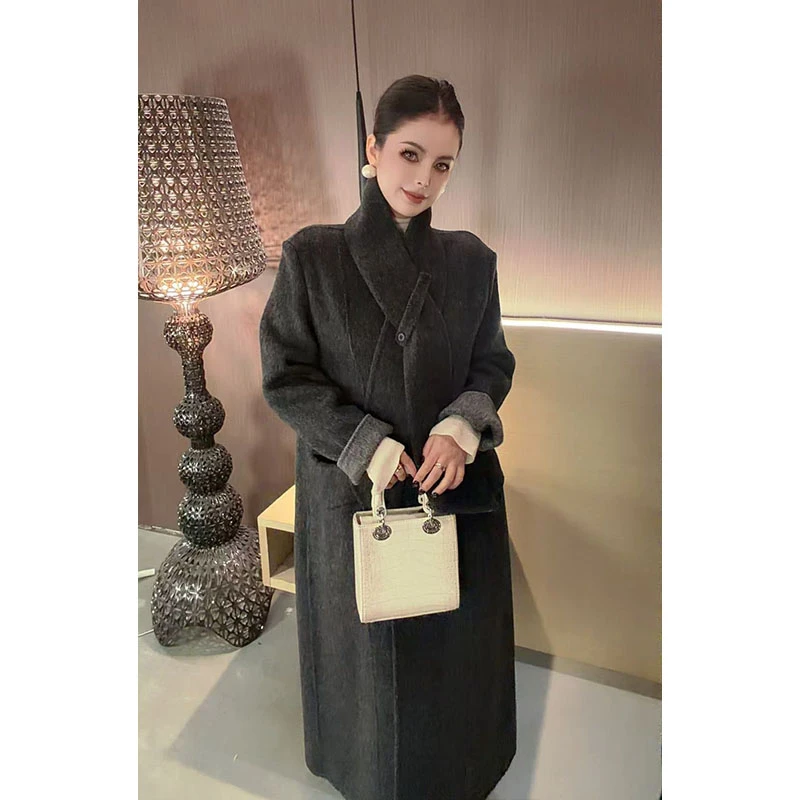 围巾拼接中长款双面呢外套WT31251