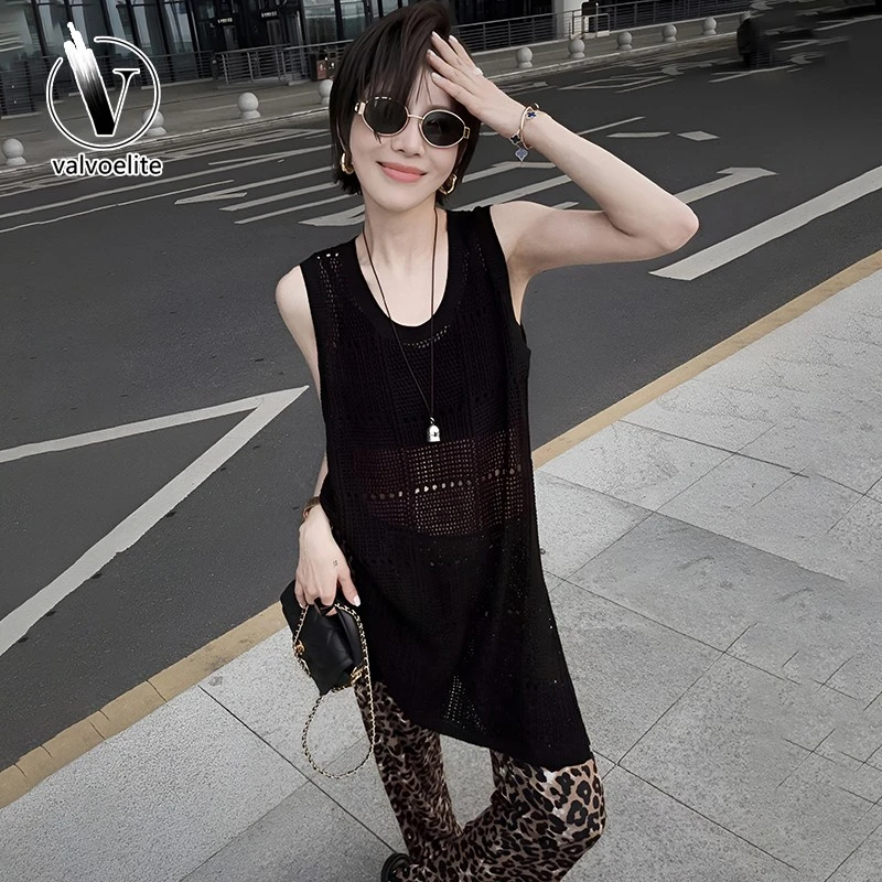 VALVOELITE黑色设计感镂空无袖背心新款夏季宽松休闲开叉洋气上衣