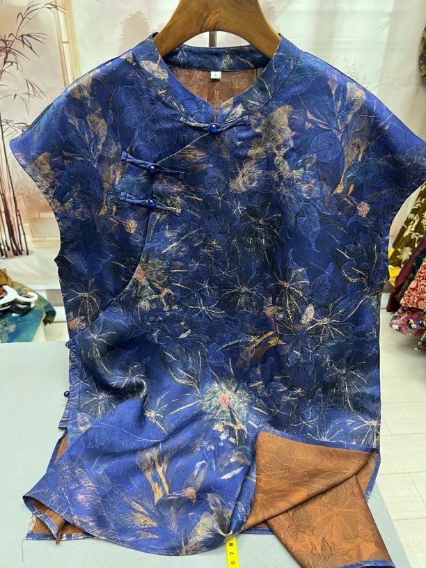 直播间奥黛上衣真丝香云纱夏季新品女装桑蚕丝T恤