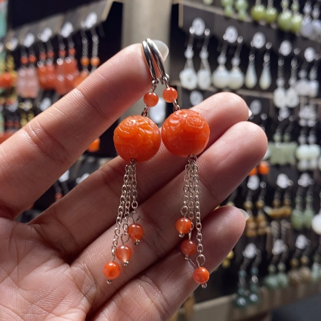 南红玛瑙耳饰银S925镶嵌仙****8