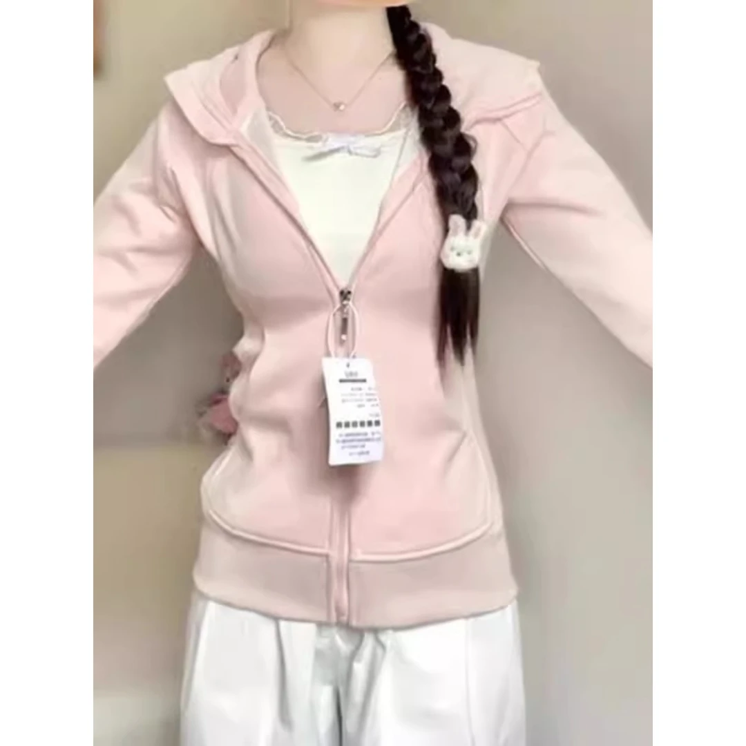 修身连帽卫衣外套女春秋春季开春穿搭短款收腰显瘦上衣粉色女装薄