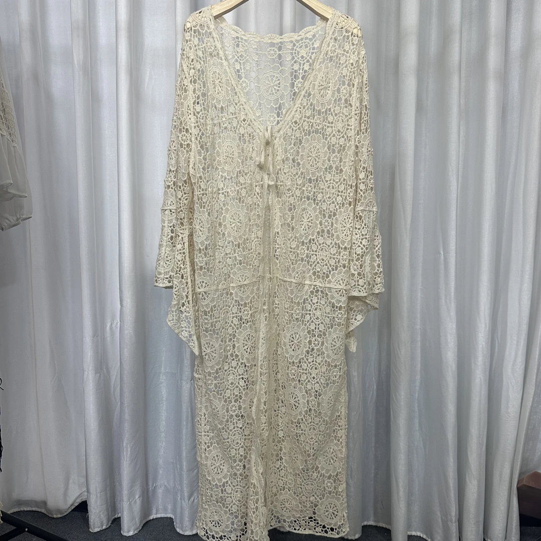 沙滩裙 插肩袖中长款纯色夏季毛针织衫毛衣镂空刺绣新中式