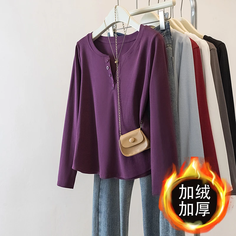 大码女装2025秋季新款时尚百搭宽松显瘦V领单排扣长袖T恤上衣2153