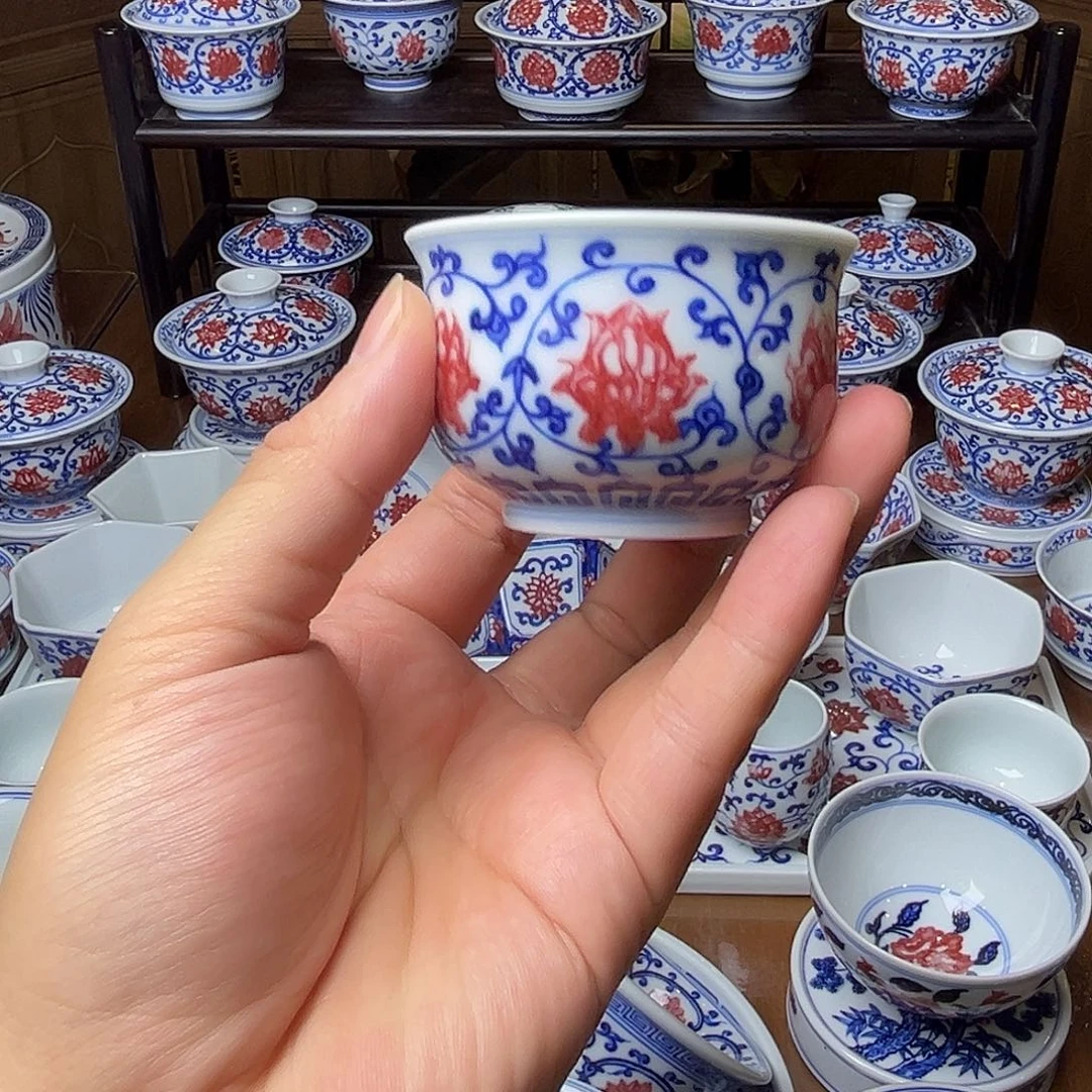 瓷片青花釉里红炉式杯（微瑕缩釉）