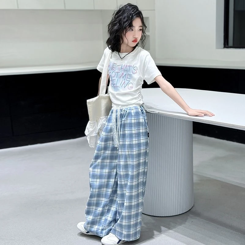 女童夏季套装2025新款夏装时尚休闲格子裤两件套百搭潮CSC2166