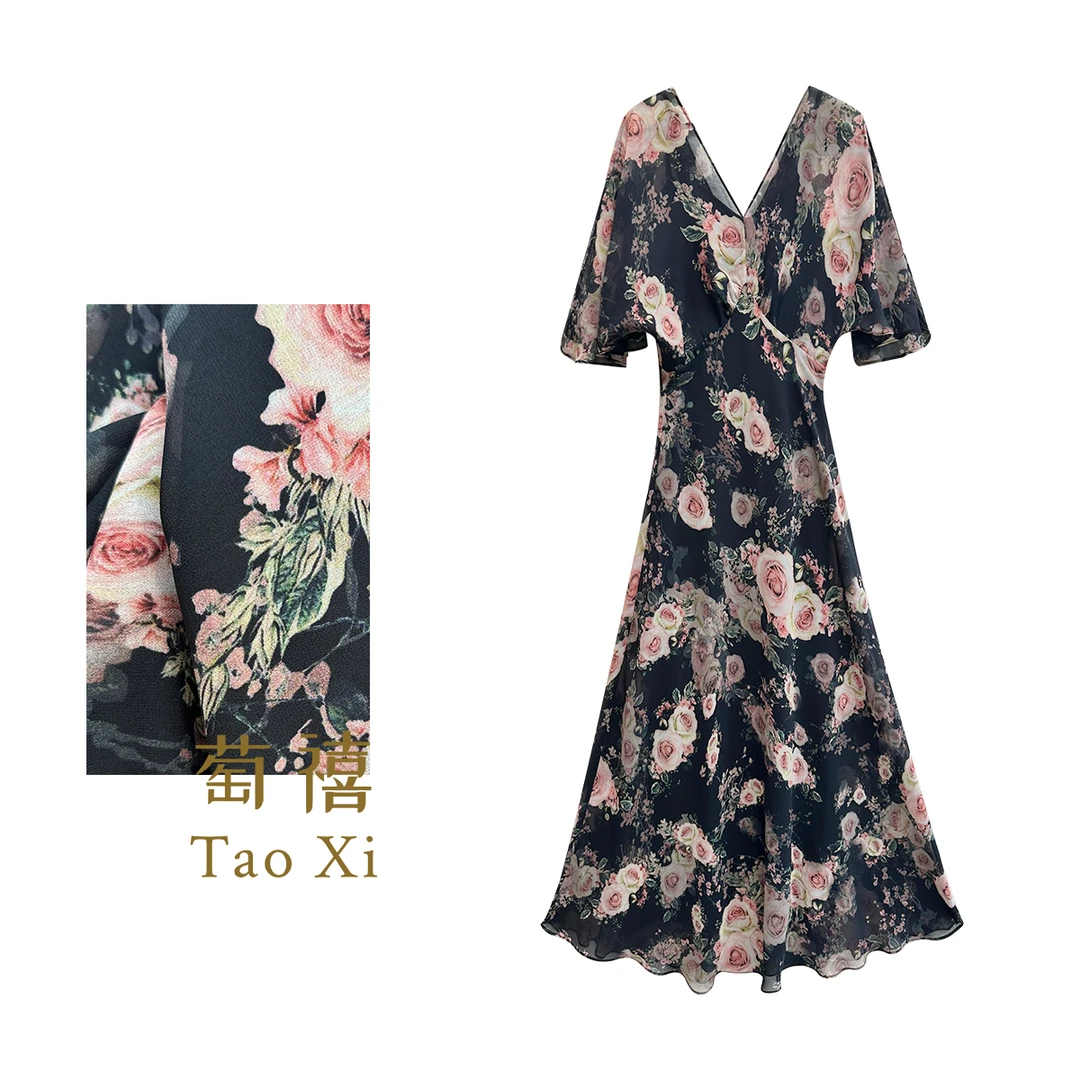 【萄禧】时尚碎花气质收腰显瘦长裙V领真丝夏季连衣裙TX05QZ6328