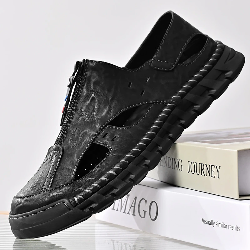 外贸皮凉鞋男款透气格子潮休闲包沙滩鞋超纤软皮防滑手工男鞋子