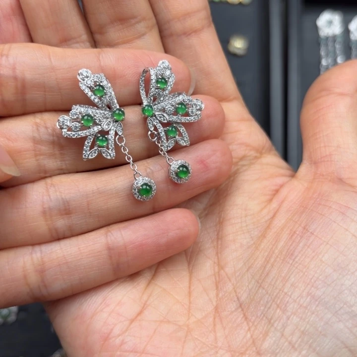 ****麻翡翠银S925镶嵌耳饰