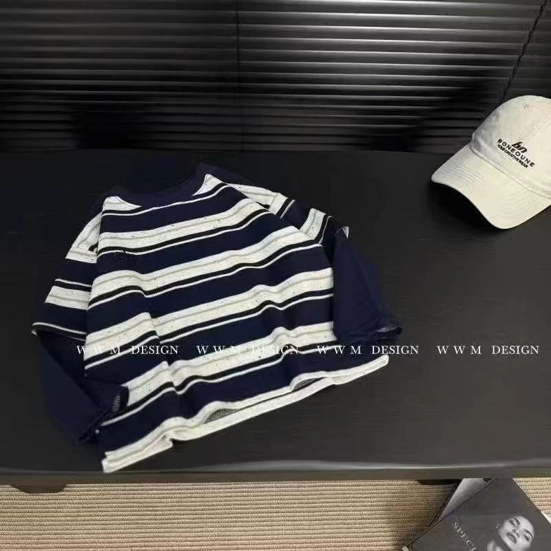 【彩点纱】儿童长袖T韩版潮流帅气条纹撞色假两件圆领套头T恤打底衫