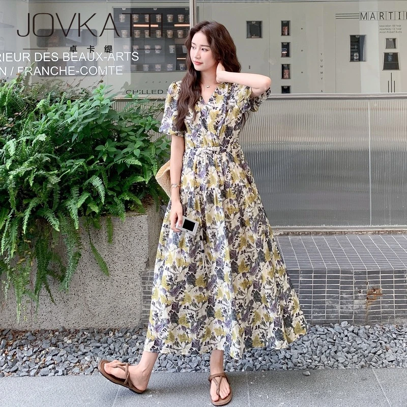 Jovkatti2025文艺范时尚碎花气质中高腰连衣裙夏季简约复古日系