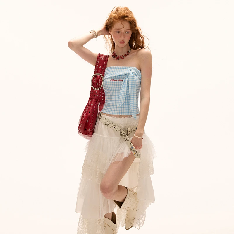 【美娇粉丝专属】MAMC绑带格纹抹胸吊带背心