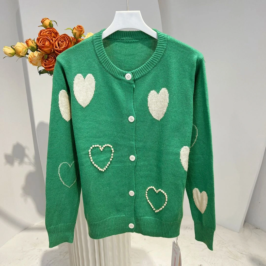 【秋季新款】C5255绿色韩版设计感时尚桃心钻珠休闲百搭针织开衫
