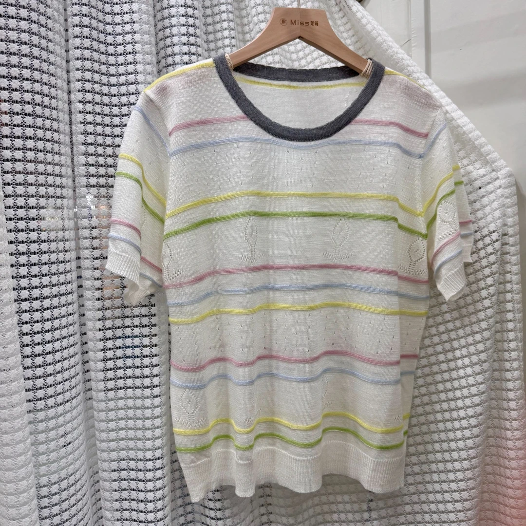 Miss茉莉 春夏新款韩系圆领条纹短袖针织衫女宽松显瘦百搭上衣