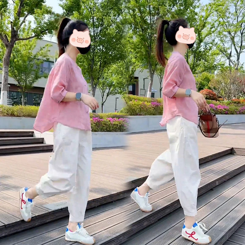 夏天穿搭一整套女韩版爆款通勤百搭七分袖衬衫九分休闲裤两件套装