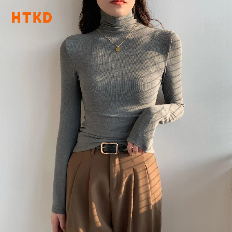 HTKD灰色高领打底衫女内搭春秋2025新款洋气针织螺纹长袖修身