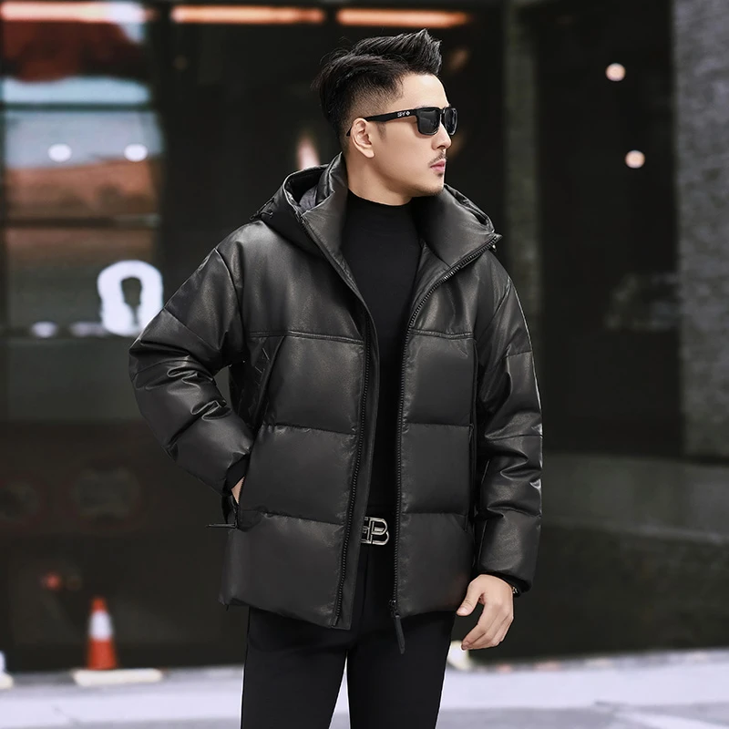 6816头层牛皮真皮羽绒男鹅绒短款可脱卸帽宽松休闲百搭冬季外套