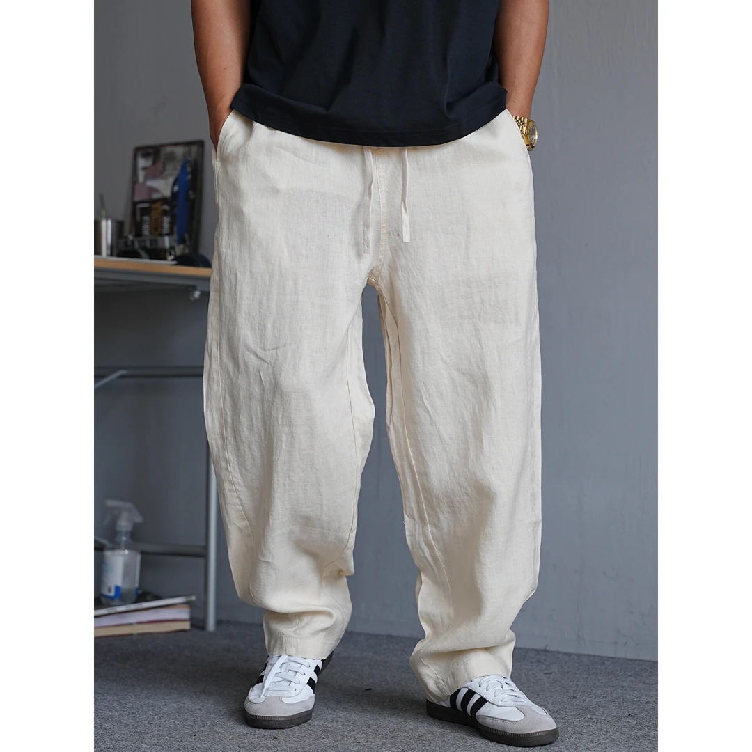 夏季薄款轻奢老钱风100%亚麻阔腿裤男宽松直筒通勤舒适透气长裤子