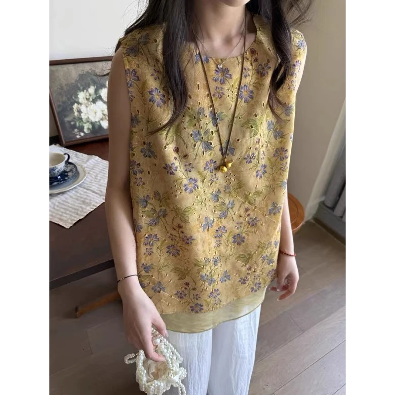 薇莎5267【超出片】镂空花朵中式风圆领无袖背心衬衫网纱拼接