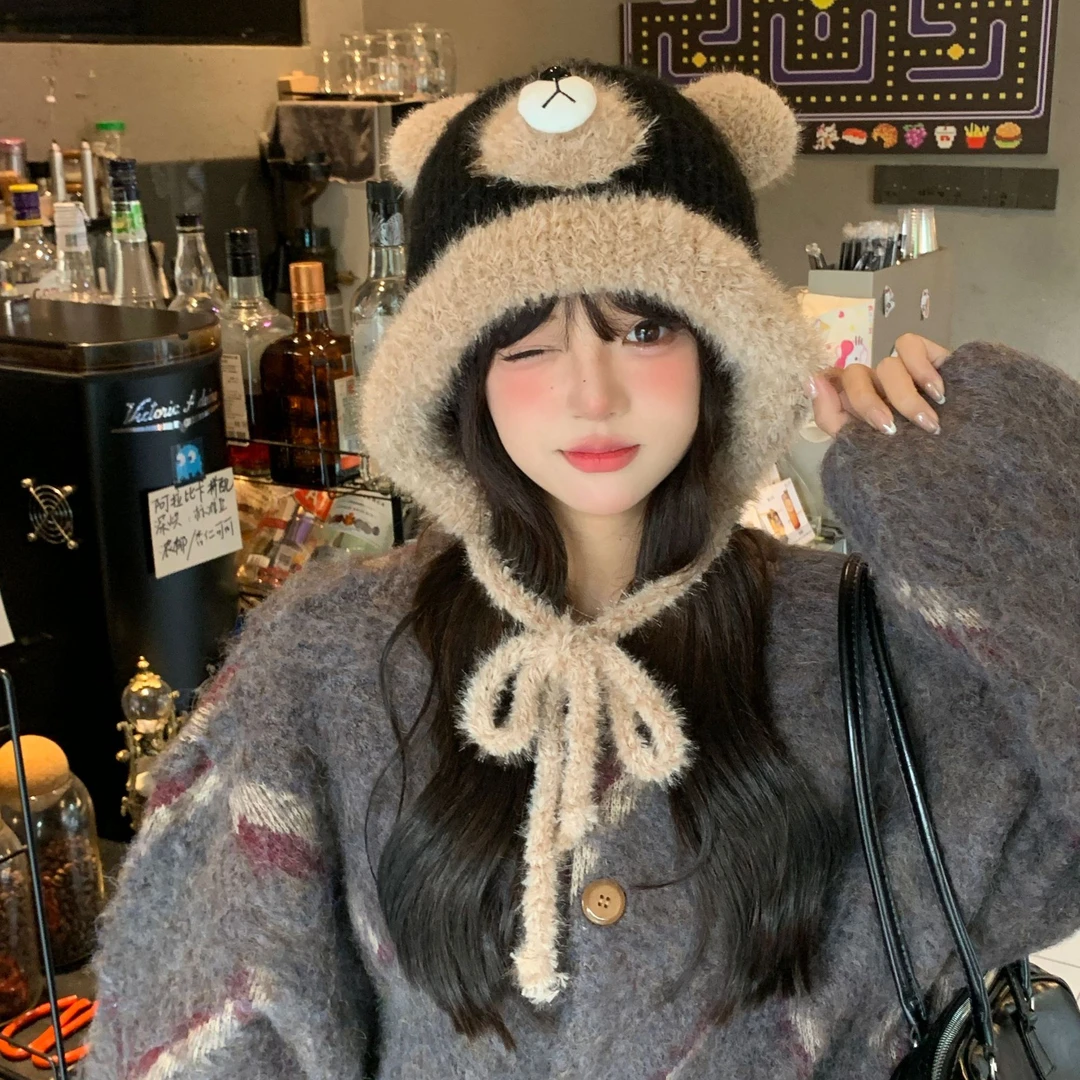 2025新款可爱小熊针织毛线帽女秋冬保暖护耳帽大头围显脸小毛绒帽