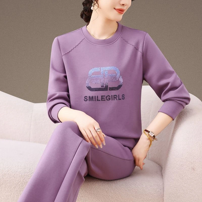 2025秋季新款时尚休闲大码宽松显瘦圆领卫衣烫钻运动套装两件套女