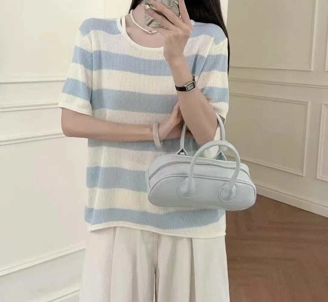 2025短袖套头款镂空夏季条纹针织撞色宽松上衣时尚半袖