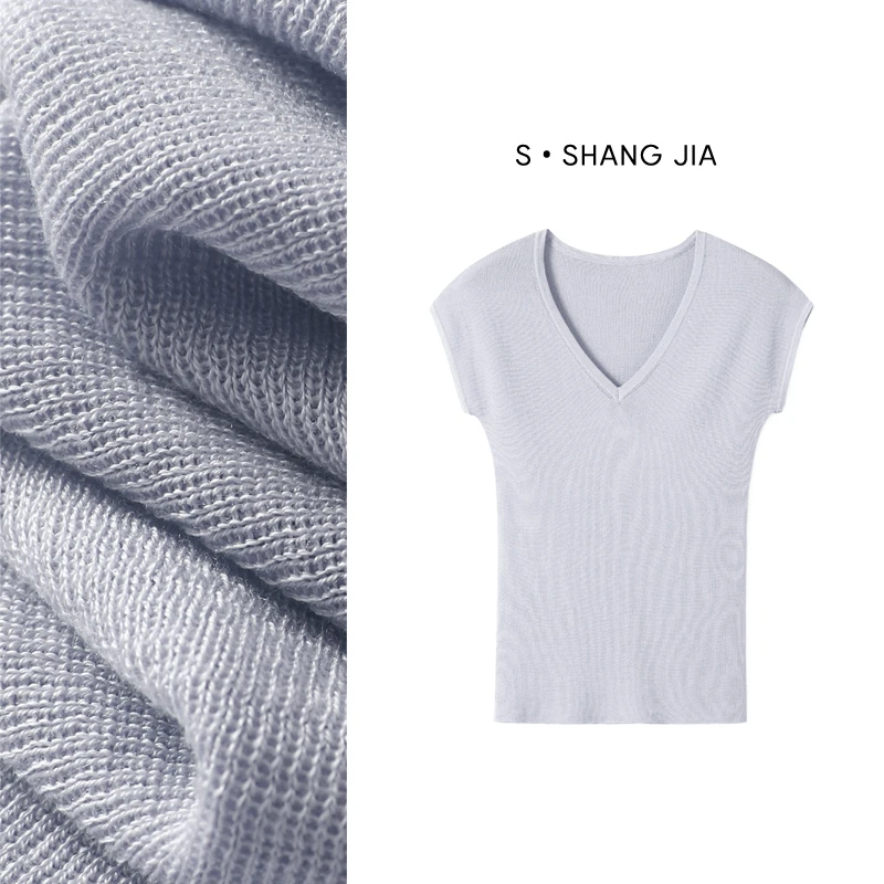 【十尚一家】修身型女包袖纯色常规短袖毛针织衫静奢风无袖夏季