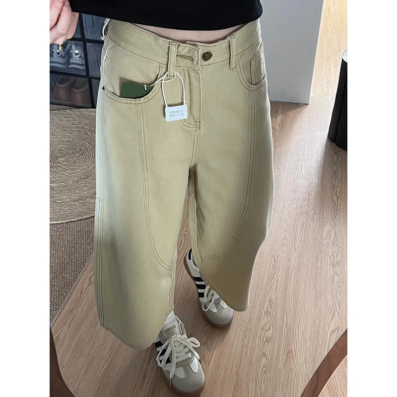 卡其色弯刀七分牛仔裤女夏季新款设计感宽松直筒阔腿镰刀中裤子