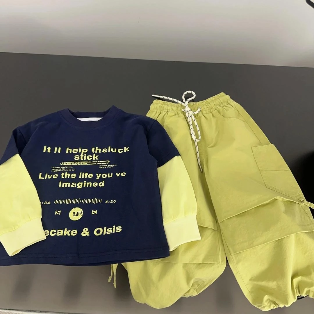 童装儿童套装2025男童春季韩版假两件宽松T恤纯色工装裤时尚套装