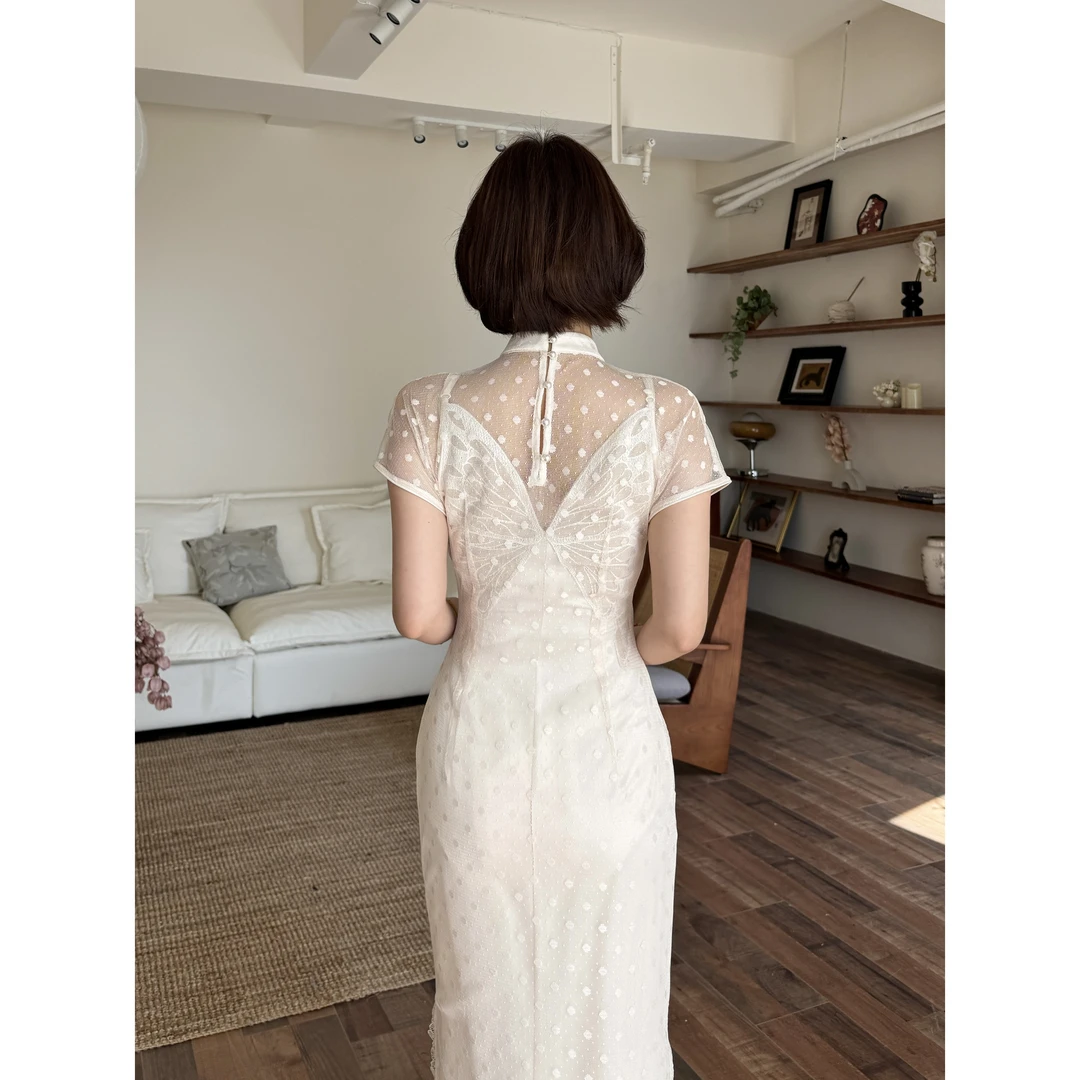 蕾英俊-冷清舟-夏季优雅立领花边网纱波点弹力温柔气质旗袍JF6446