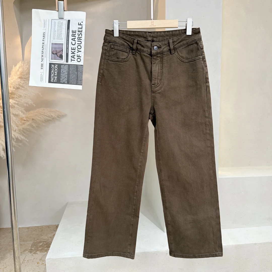 Li Wang/里望设计师款 棉质时尚 内里磨绒百搭秋冬棕色烟管牛仔裤