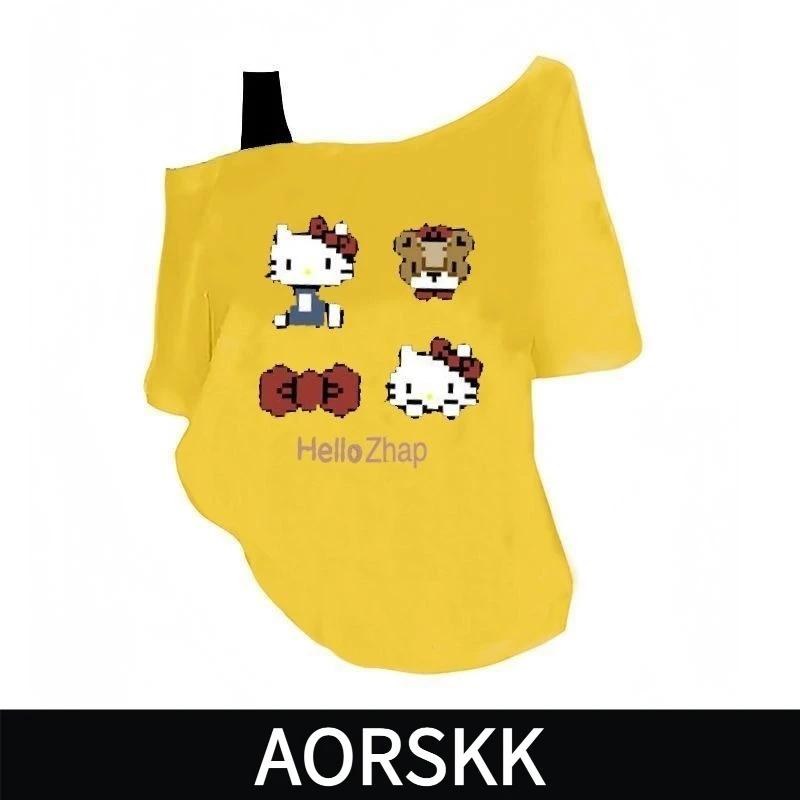 【AORSKK】夏季新款单肩露肩吊带宽松短袖t恤女姜黄色宽松印花上衣