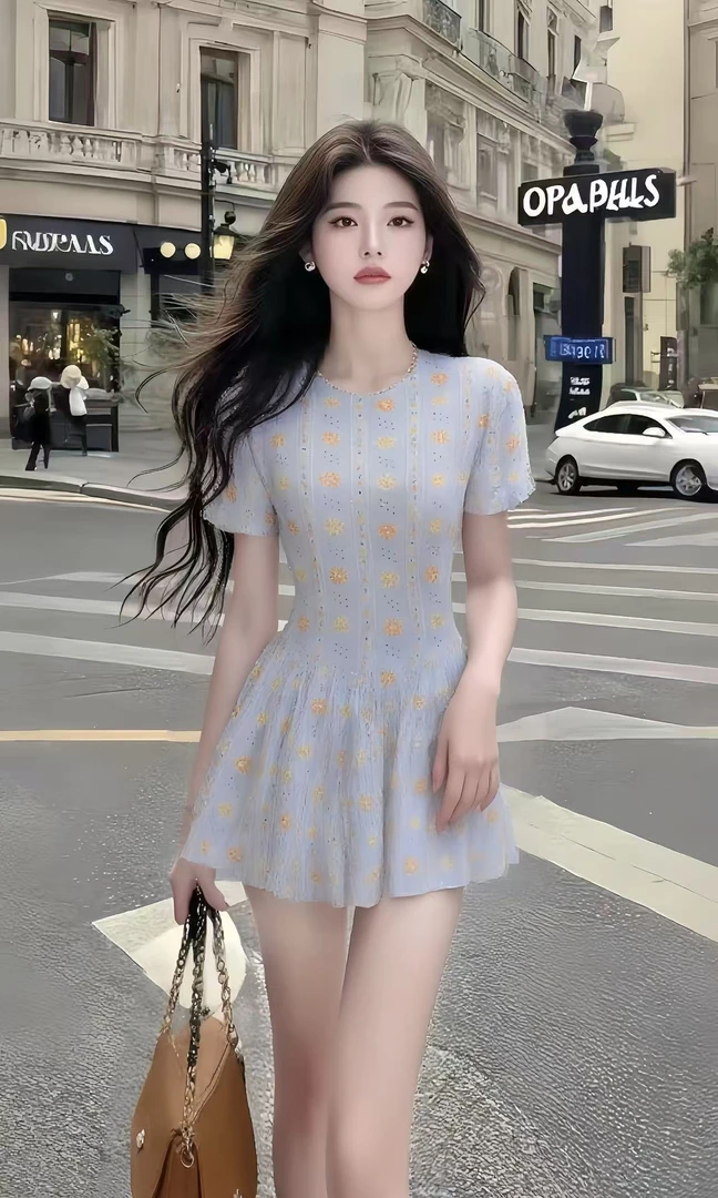 轻奢时尚高端大气短裙纯欲风浅蓝色圆领短袖修身收腰碎花连衣裙女