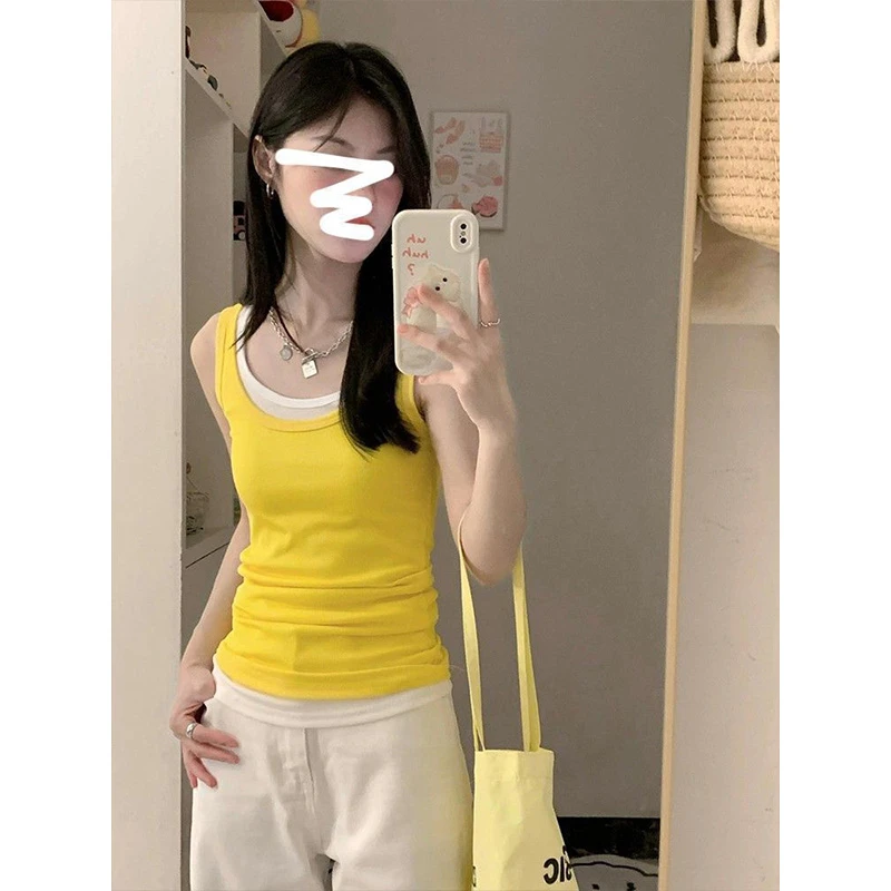 设计感黄色假两件吊带背心女外穿夏季小个子内搭修身无袖t恤上衣