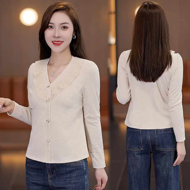 长袖V领打底衫女2025秋冬季新款千金风透气春装短款T恤修身型显瘦