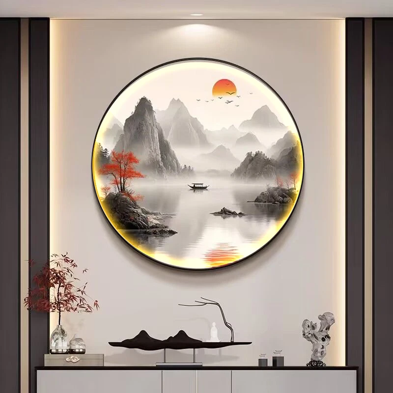 旭日东升客厅走廊过道挂画玄关装饰画茶室禅意山水画餐厅圆形壁画