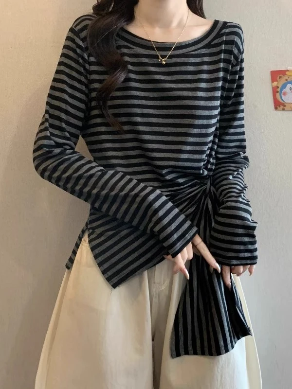 韩系条纹绑带设计感显瘦长袖T恤女秋装新品修身收腰显瘦打底上衣