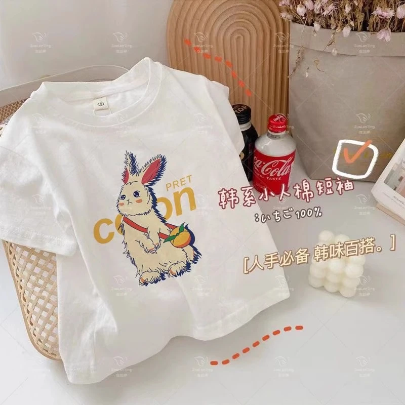 女童白色纯棉短袖T恤2025夏季新款洋气卡通兔子上衣儿童圆领短恤T