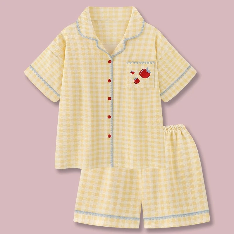 『苹果奶酪』甜美卡通纯棉睡衣女款夏季2025新款短袖格子家居服套装
