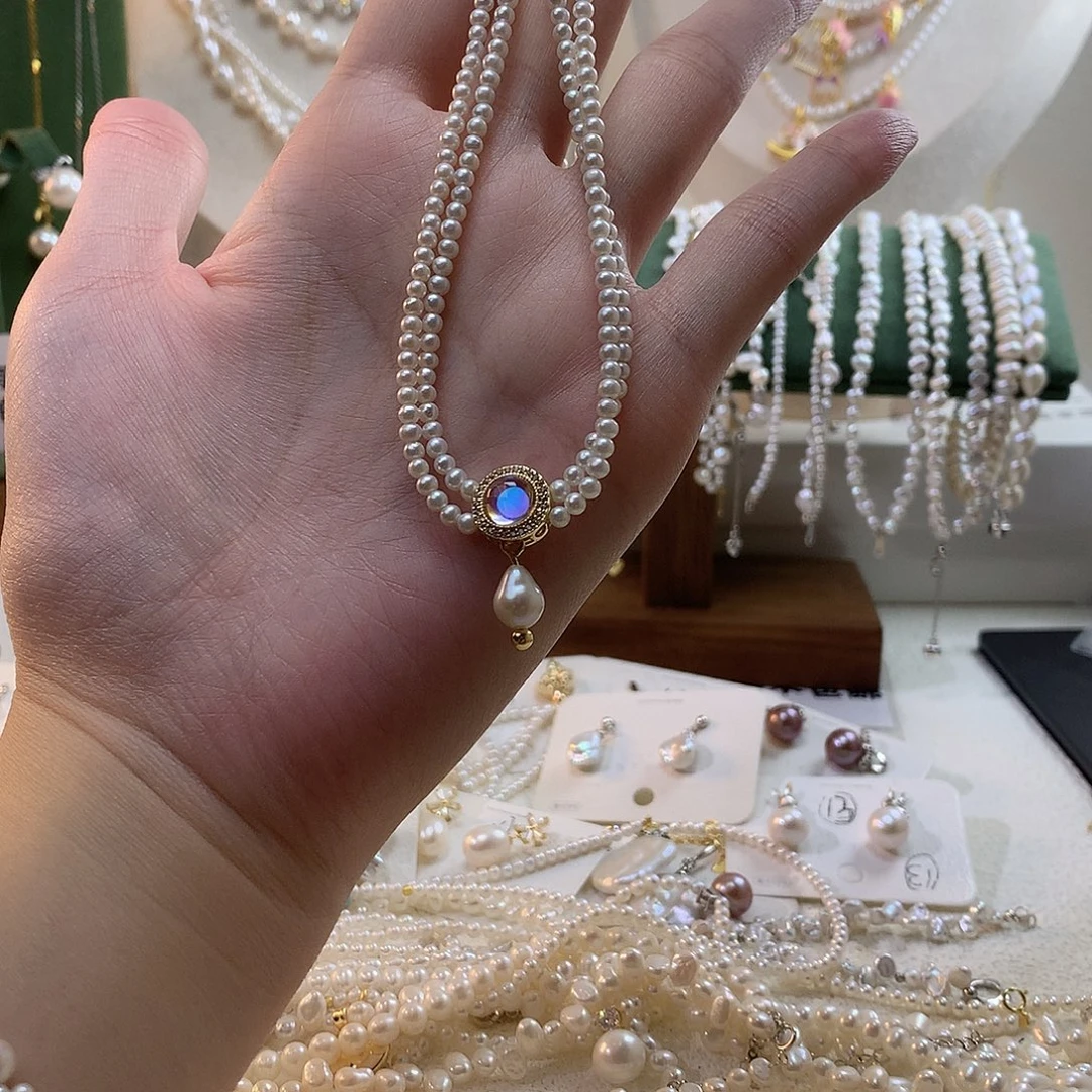 城***天合金淡水珍珠海蓝宝双层
