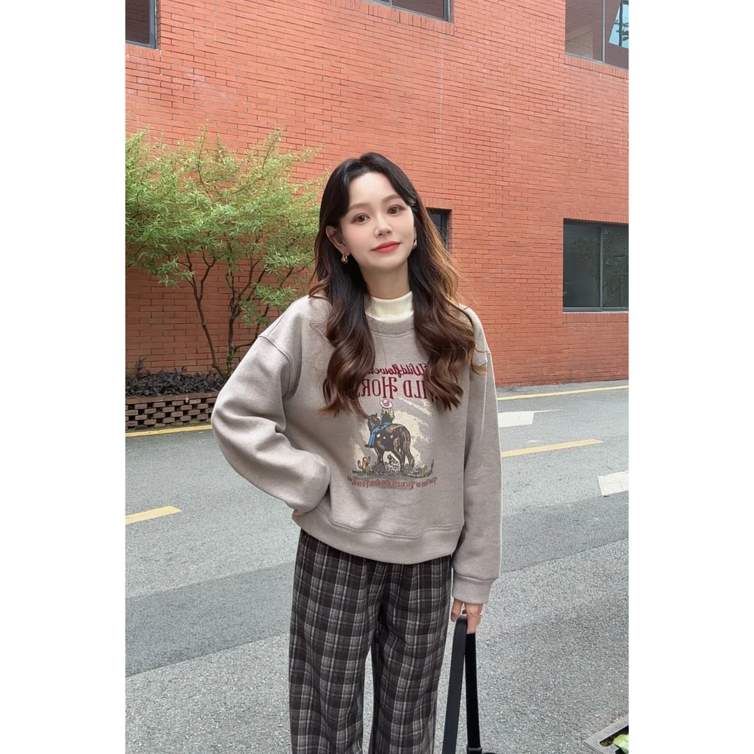 【小蓝严选】秋冬加绒时尚休闲百搭宽松设计感圆领卫衣-8666