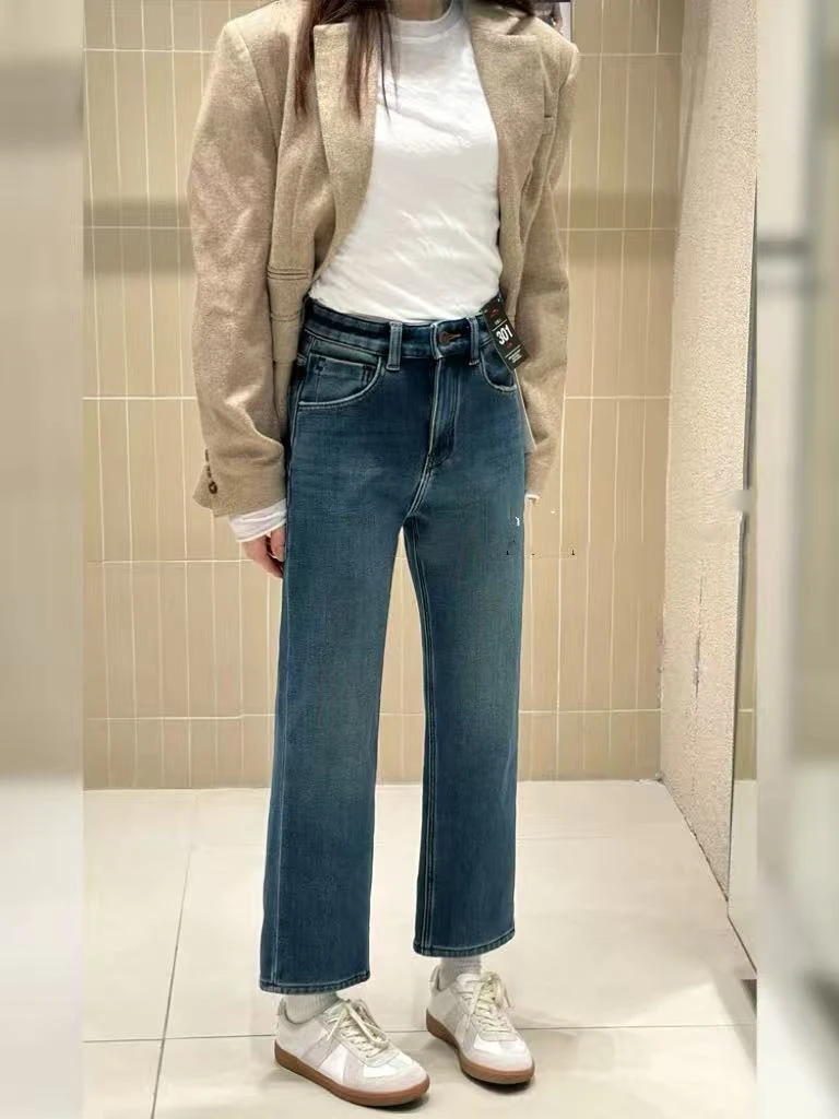 SU【350】代D 愫心  牛仔裤女2025冬加绒加厚高腰九分法棍裤