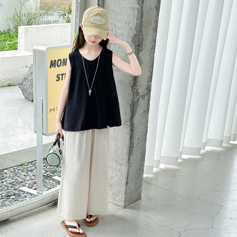 女童夏季新款韩版宽松时尚两件套2025女孩洋气上衣休闲阔腿裤套装