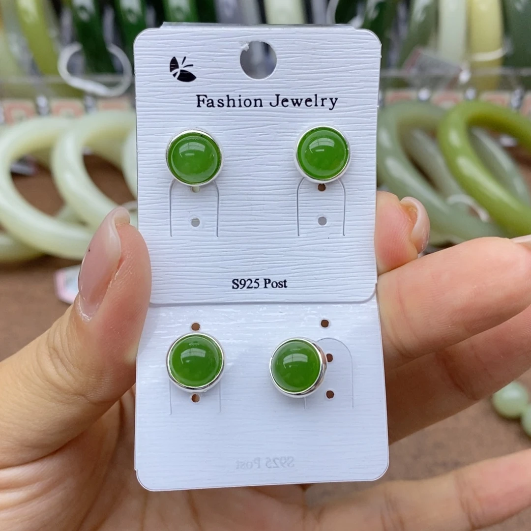 和田玉银S925镶嵌耳钉