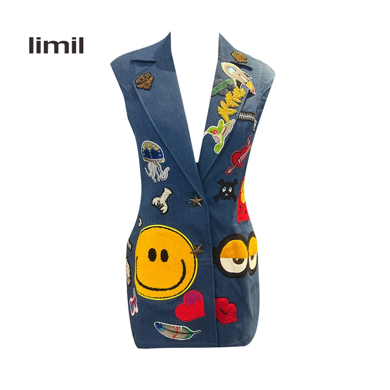 【二折商品，不退不换】丽米儿limil 中长款涂鸦牛仔马甲LC411575