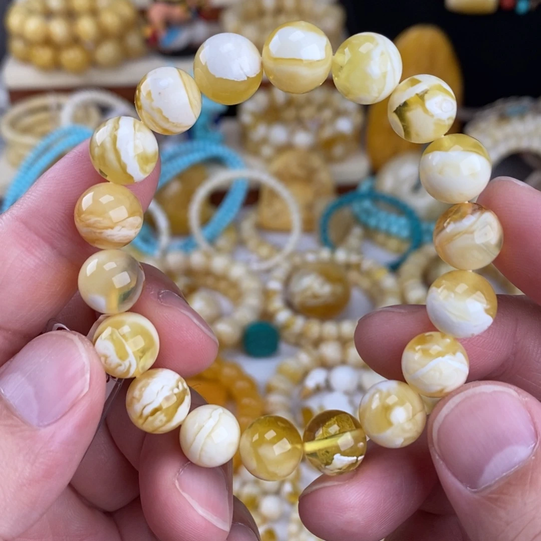 蜜蜡未镶嵌手链金漆白溶洞妖花11.3mm圆珠