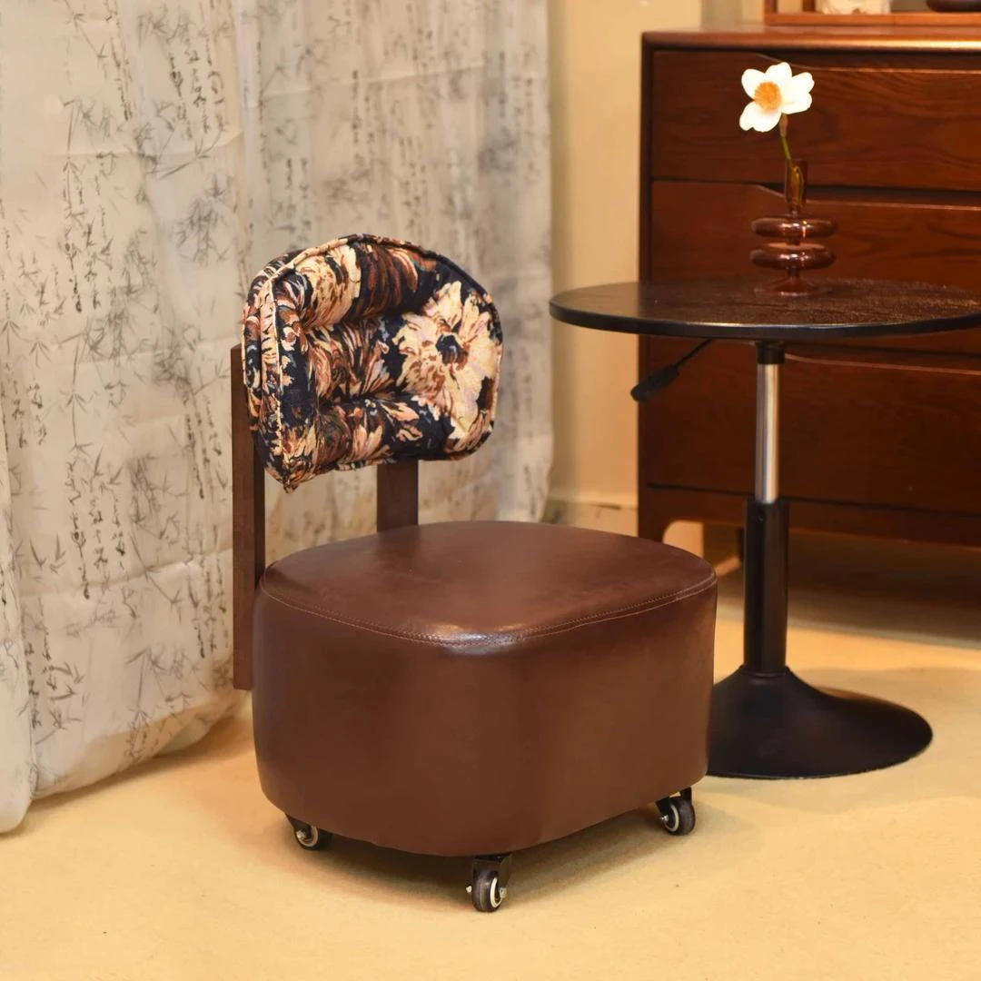 皮质凳子实木旋转椅带靠背溜达椅子儿童沙发换鞋凳滑轮成人万向轮