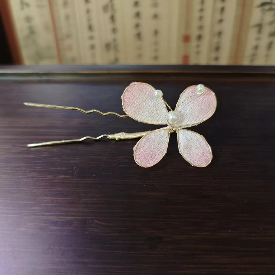 云鬓花古风饰品古装发饰非遗绒面发钗 粉绒蝶影 仙气汉服头饰B240