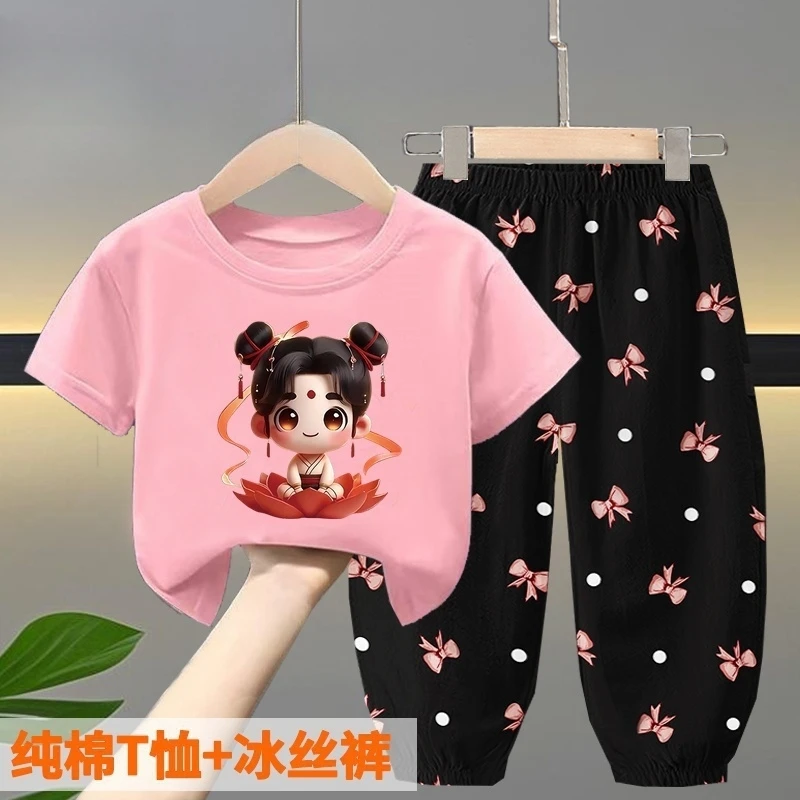 女童夏季哪吒短袖套装2025新款儿童洋气女宝宝短袖衣服可爱防蚊裤