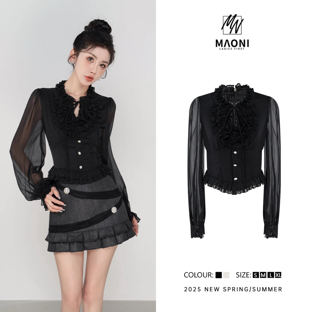 毛妮Peshe【花边雪纺衬衫】圆领修身甜美公主风上衣女2025春L1266